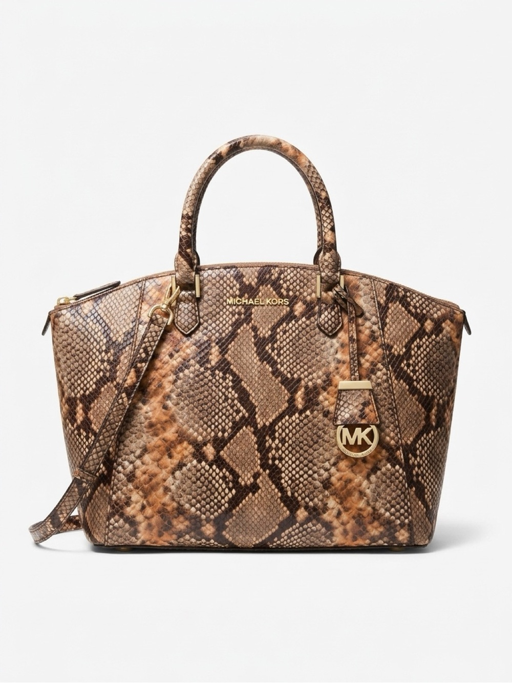 MICHAEL KORS Brown Snake-Print Satchel with Gold Hardware